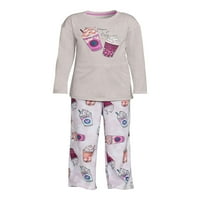 Wonder Nation Girls Top Cu mânecă lungă și pantaloni din Jersey cu flanelă tricotată, Set de somn pijama din 2 piese, dimensiuni 4 - & Plus