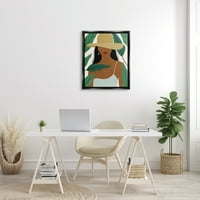 Stupell Industries femeie zâmbitoare purtând pălărie de soare frunze în derivă artă grafică Jet Black Floating Framed Canvas Print