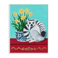 Stupell Industries lemur și narcisă vaza de flori albastru roșu Animal pictura placa de perete de Sally B