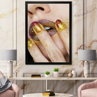 Designart 'Close-Up De Femeie Aur Aur Sclipici Ruj' Modern Înrămate Art Print