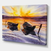Două bărci mici parcare pe mal și apus de soare pictura panza arta de imprimare