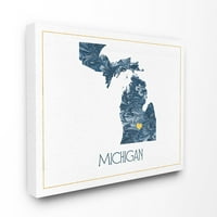 Stupell Home Decor Michigan Minimal Albastru Marmorat Hârtie Silueta Panza Arta De Perete