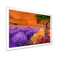 Designart 'un apus de soare portocaliu peste câmpurile de lavandă violet II' imprimare de artă încadrată la fermă