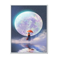Designart 'Fata Cu Umbrela Standing On Water Against Moon' Tradiționale Înrămate Panza Arta De Perete Imprimare
