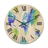 Designart 'harta lumii în albastru și verde' ceas de perete Modern din lemn