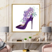 Roz VIolet Trandafiri Cu Violet Închis Stilet Pantof Înrămate Pictura Panza Arta Print