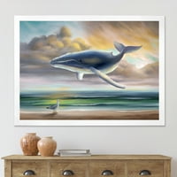 Designart 'balena plutind pe cer peste plajă' artă pentru copii încadrată Art Print