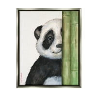 Stupell Industries urs Panda care se uită în jurul bambusului zâmbind pictura animalelor luciu Gri plutitor Înrămat pânză imprimare