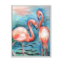 Designart 'Flamingo Roz Iubesc Păsările În Apă Albastră I' Fermă Înrămată Pânză Imprimare De Artă De Perete