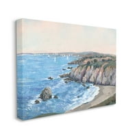 Stupell Industries Ocean Coast Cove Bărci cu pânze îndepărtate plajă stâncă peisaj picturi Galerie-pânză învelită imprimare artă de perete, 20x16
